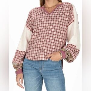 Miss Me Plaid Paisley Mixed Media Waffle Knit Long Sleeve Top Size M